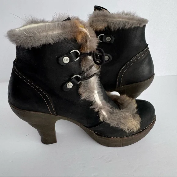 The Art Company Nubuck Leather Lace-Up Ankle Boots Sz 37 US 6.5 Heeled Fur Trim - Picture 13 of 16